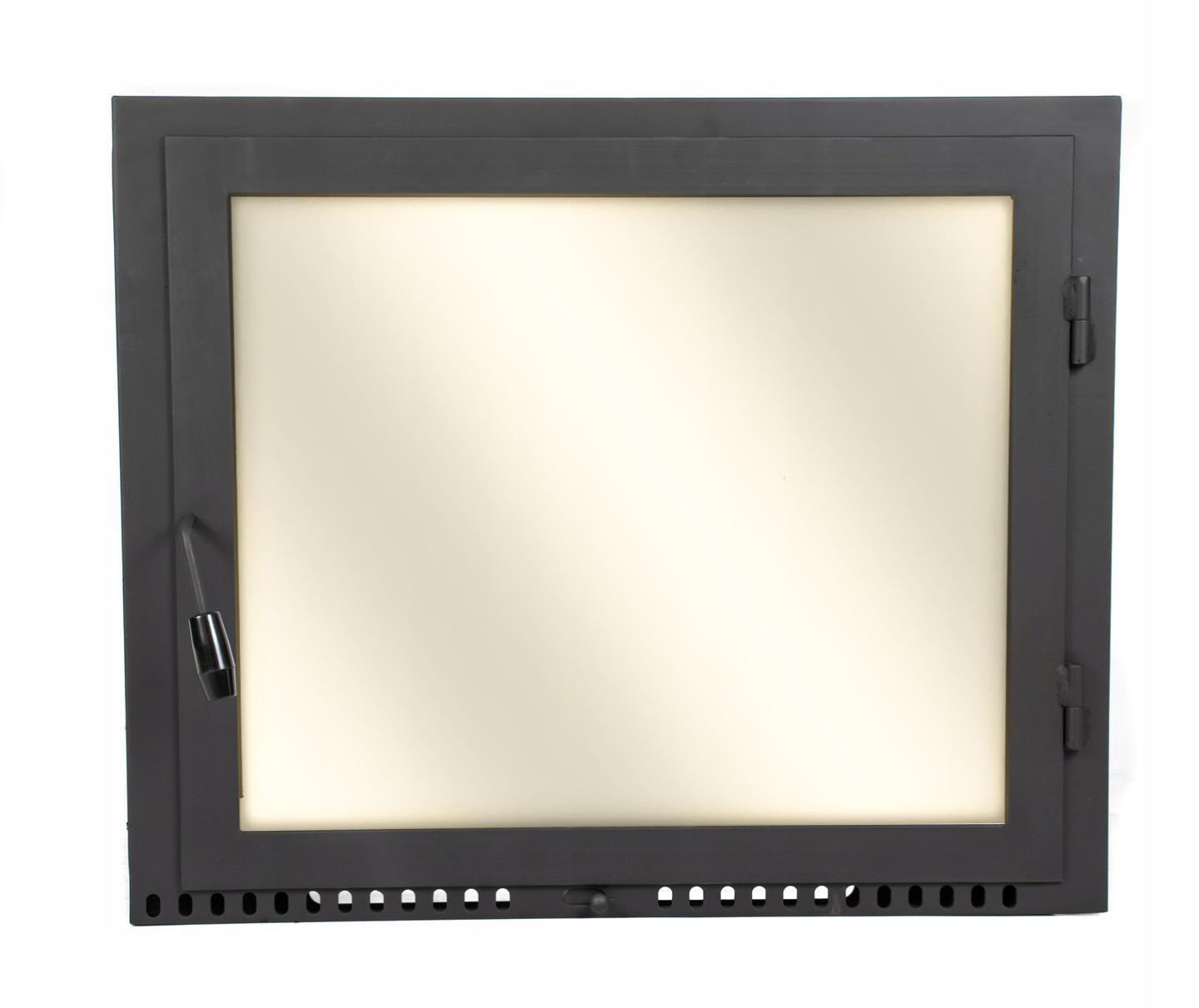 Dvierka na pizzu 42x40 cm s tepelne odolným sklom, oceľová dvierka s prírubou a pravým pántom, ideálne pre krb alebo rúru 420×400 mm.