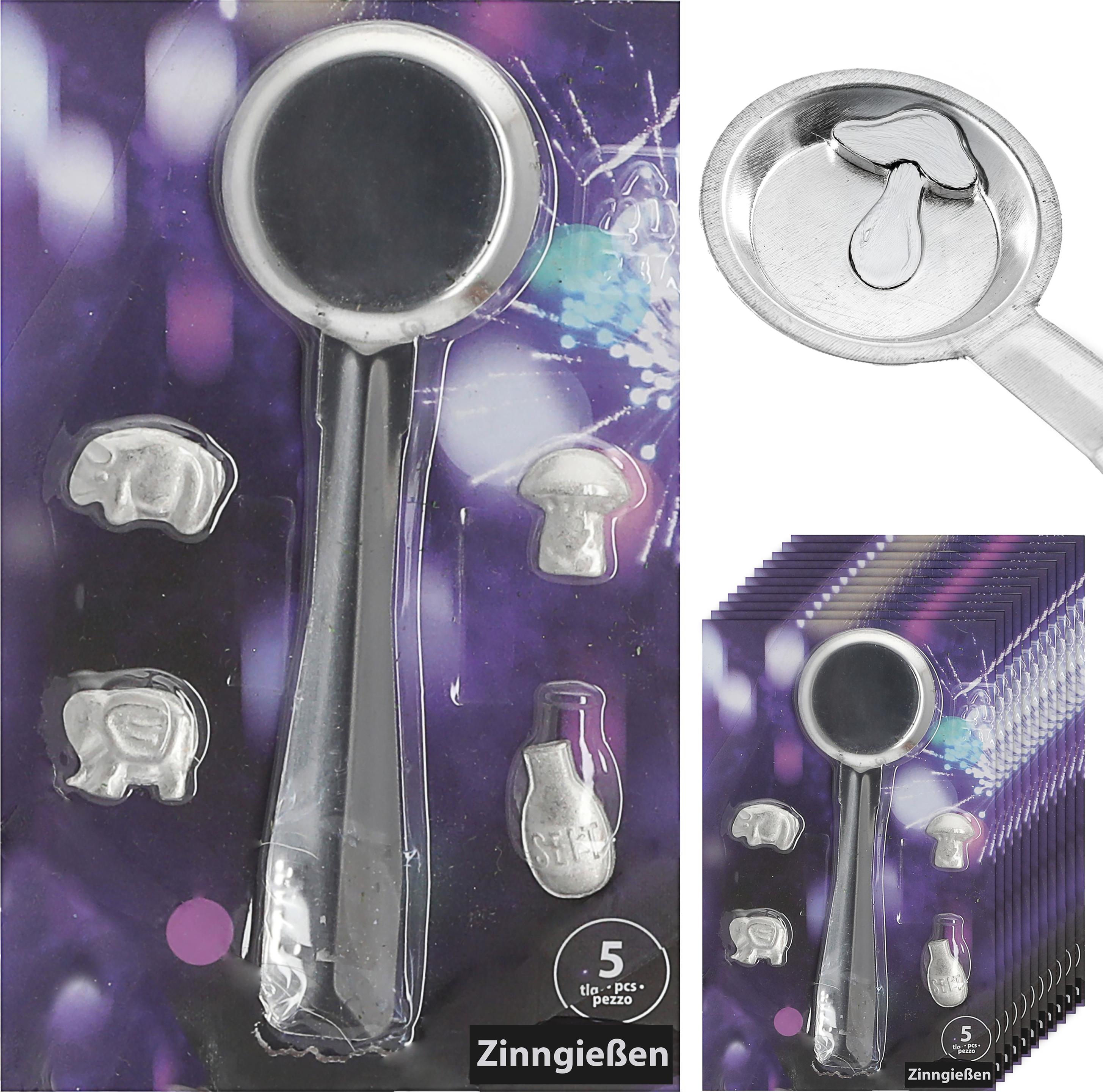 CEWEPA Zinngieß-Set 5tlg. 12er Set Gieß-Löffel 4 Hohlfiguren 13,5x21cm Zinn silberfarben Silvesterbrauch Deutungstabelle Zinngießen