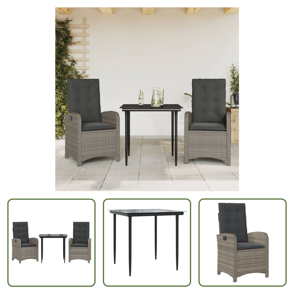 The Living Store 3-dielny záhradný jedálenský set s vankúšmi sivý polyratan