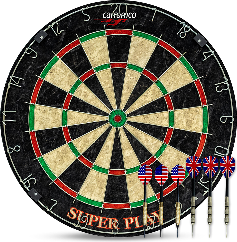 Carromco Steel Dartscheibe Sisal Superplay Profi Dartscheibe Tuniergröße Bristle Steeldartboard Dartpfeile 3x Softdarts 3x Steeldarts 83240