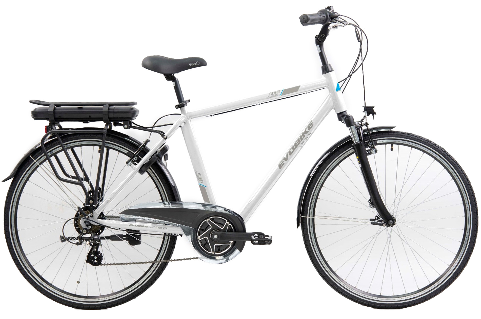 Minerva elektrický mestský bicykel Evobike 28 palcov 53 cm pánsky 7G ráfiková brzda biela