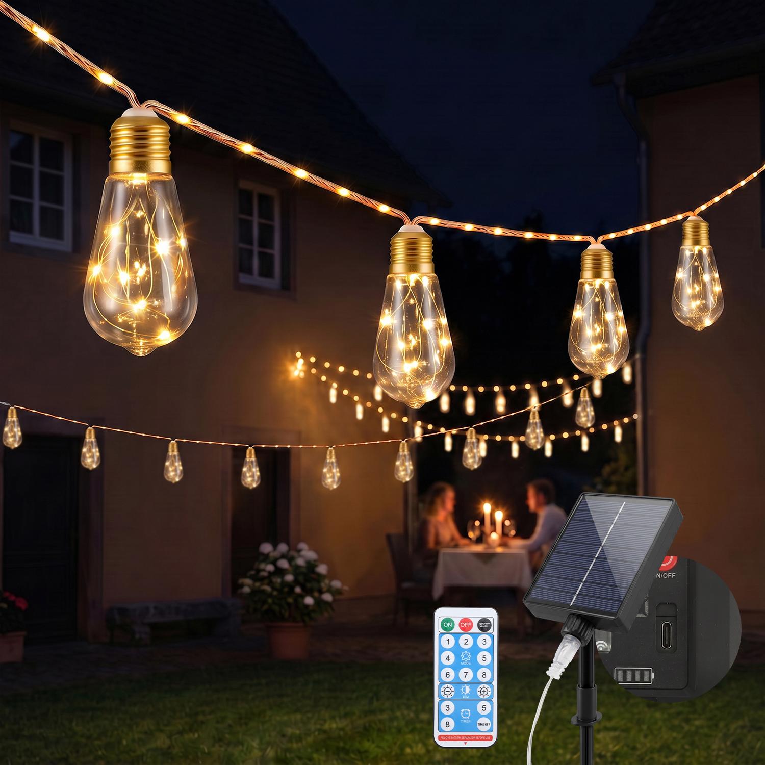 SALCAR 5M Solar Lichterkette Außen Vintage Hanfseil 10 Lange Glühbirnen LED Solar Lichterkette Aussen 8 Modi Outdoor Lichterkette Deko LS48