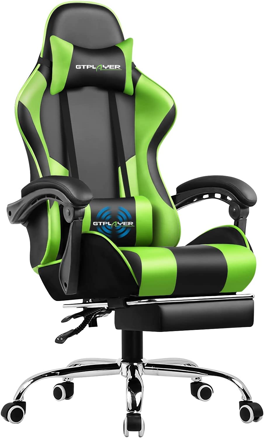 Herná stolička GTPLAYER, ergonomická kancelárska stolička s masážnou funkciou a opierkou na nohy, prepojenie s madlom, oceľová základňa, zelená