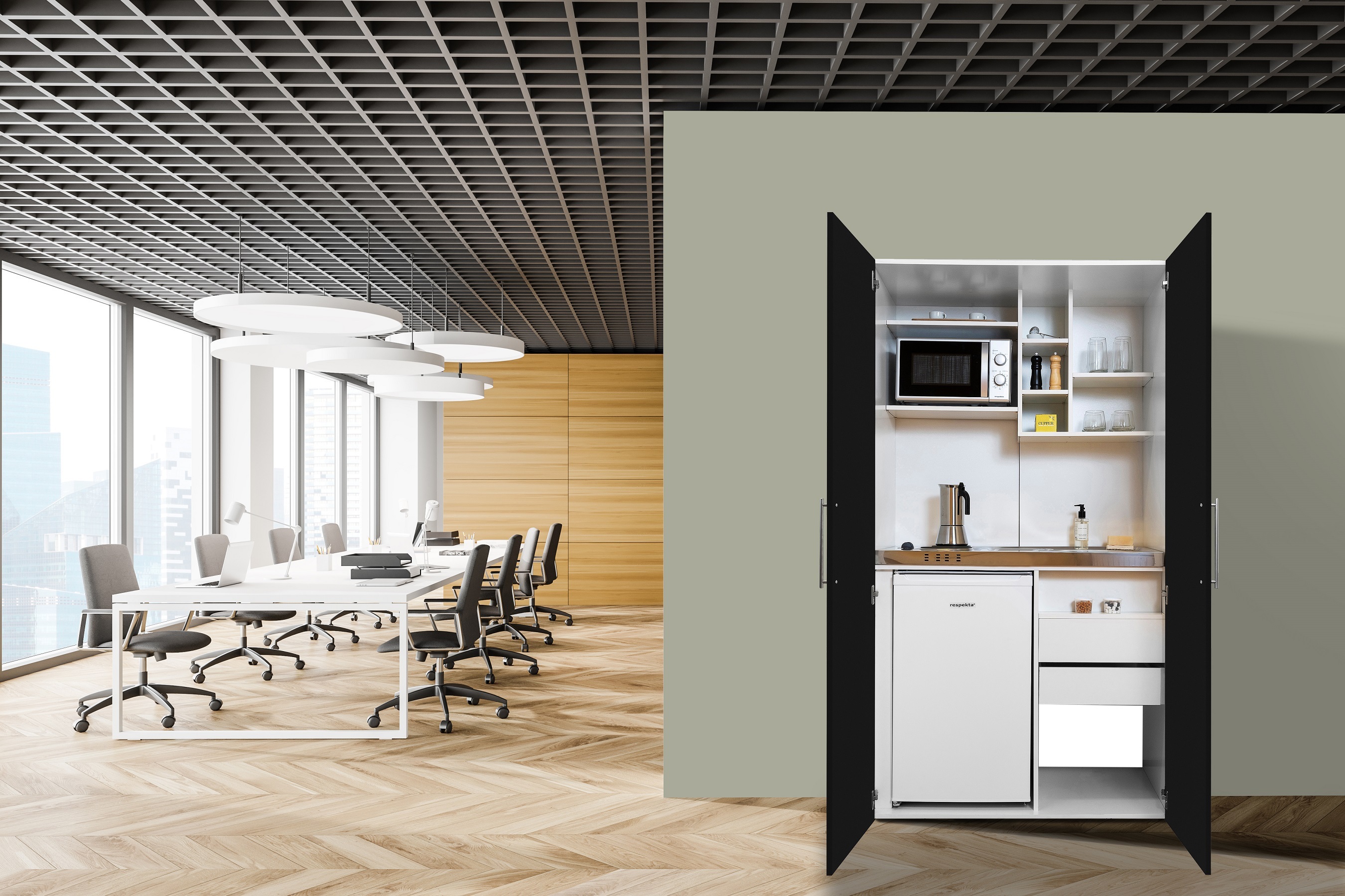 Küche Büroküche Miniküche Singleküche Weiß Schwarz Peter 104 cm Respekta SKWSMIS