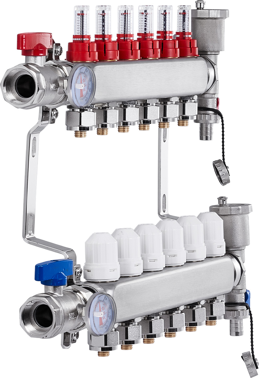 SucceBuy 6-Zweig-Wärmeverteilungsverteiler, 1/2-Zoll-PEX-Rohrverteiler, Edelstahl-PEX-Verteiler für hydronische Fußbodenheizung, Wärmeverteilungs-PEX-Verteilersatz mit 1/2-Zoll-Adaptern