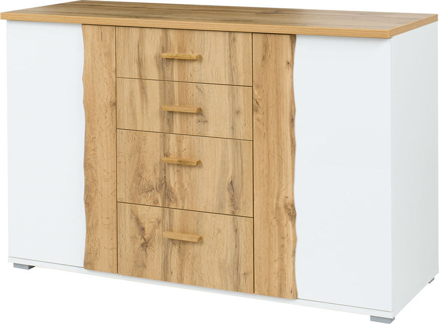 Lomadox Kommode 130 cm in weiß mit Eiche und Baumkantenoptik WOOLER-166 WD-U11400/R20063-II03-FSC-B
