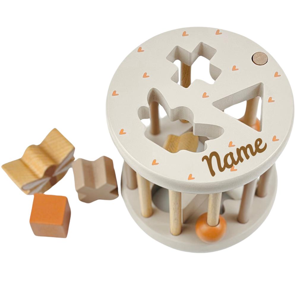 Elefantasie Sortierspiel aus Holz personalisiert mit Name Sortierbox Steckspiel ab 12 Monate Geschenk zur Geburt beige