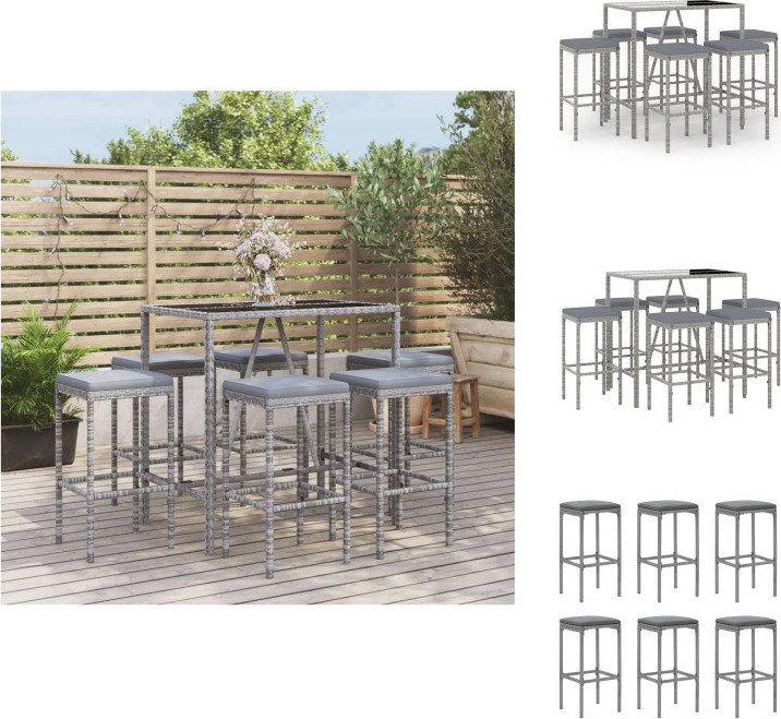 vidaXL 7-dielny záhradný barový set s vankúšmi sivý polyratan - Záhradný nábytok sety
