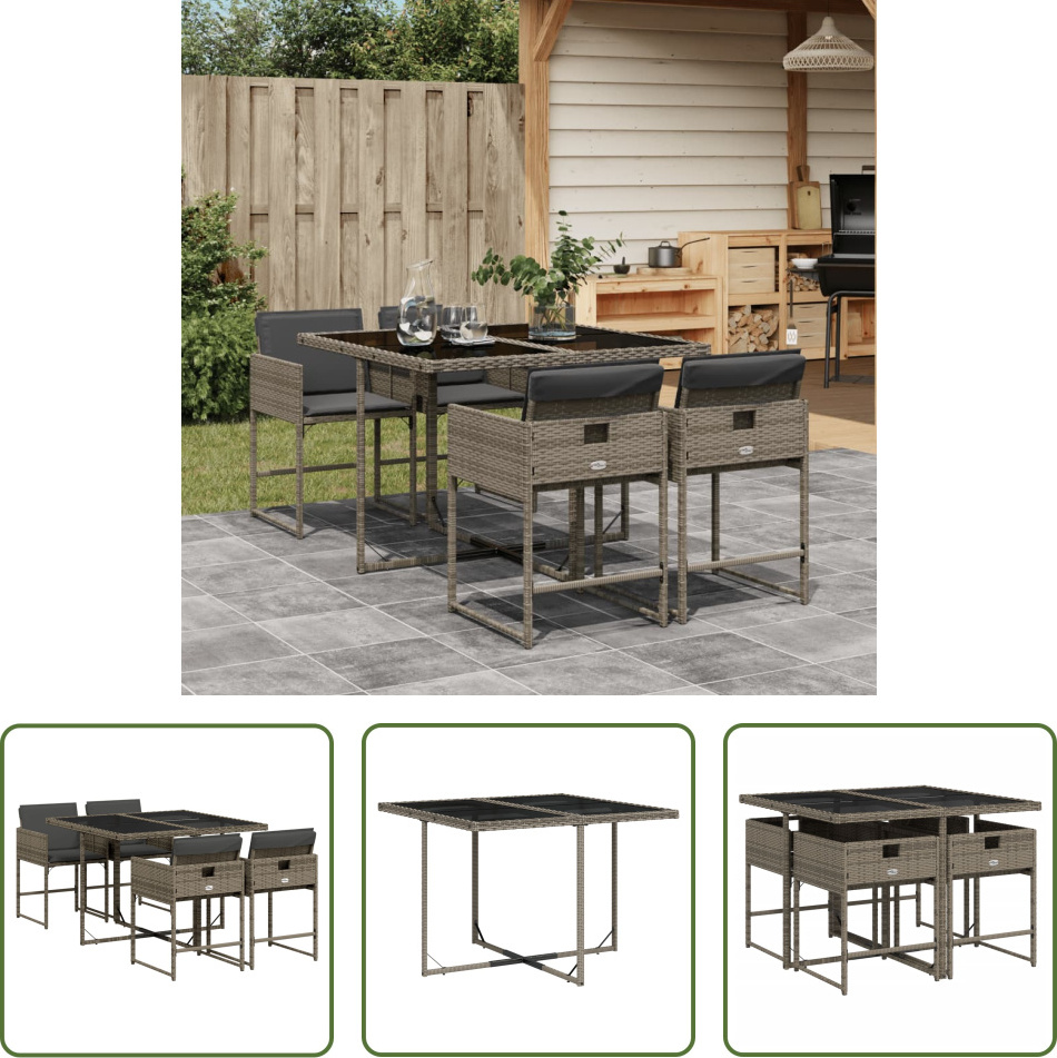 The Living Store 5-dielny záhradný jedálenský set s vankúšmi sivý polyratan