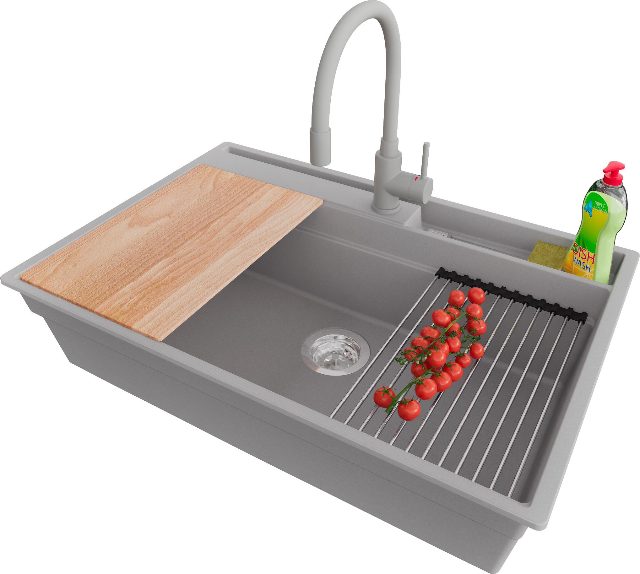 PRIMAGRAN Granitspüle Grau 78x53cm, Spülbecken 1 Becken + Küchenarmatur 38x14cm + Ablauf-Set + Küchenzubehörset, Küchenspüle ab 80er Unterschrank - Oslo Pocket