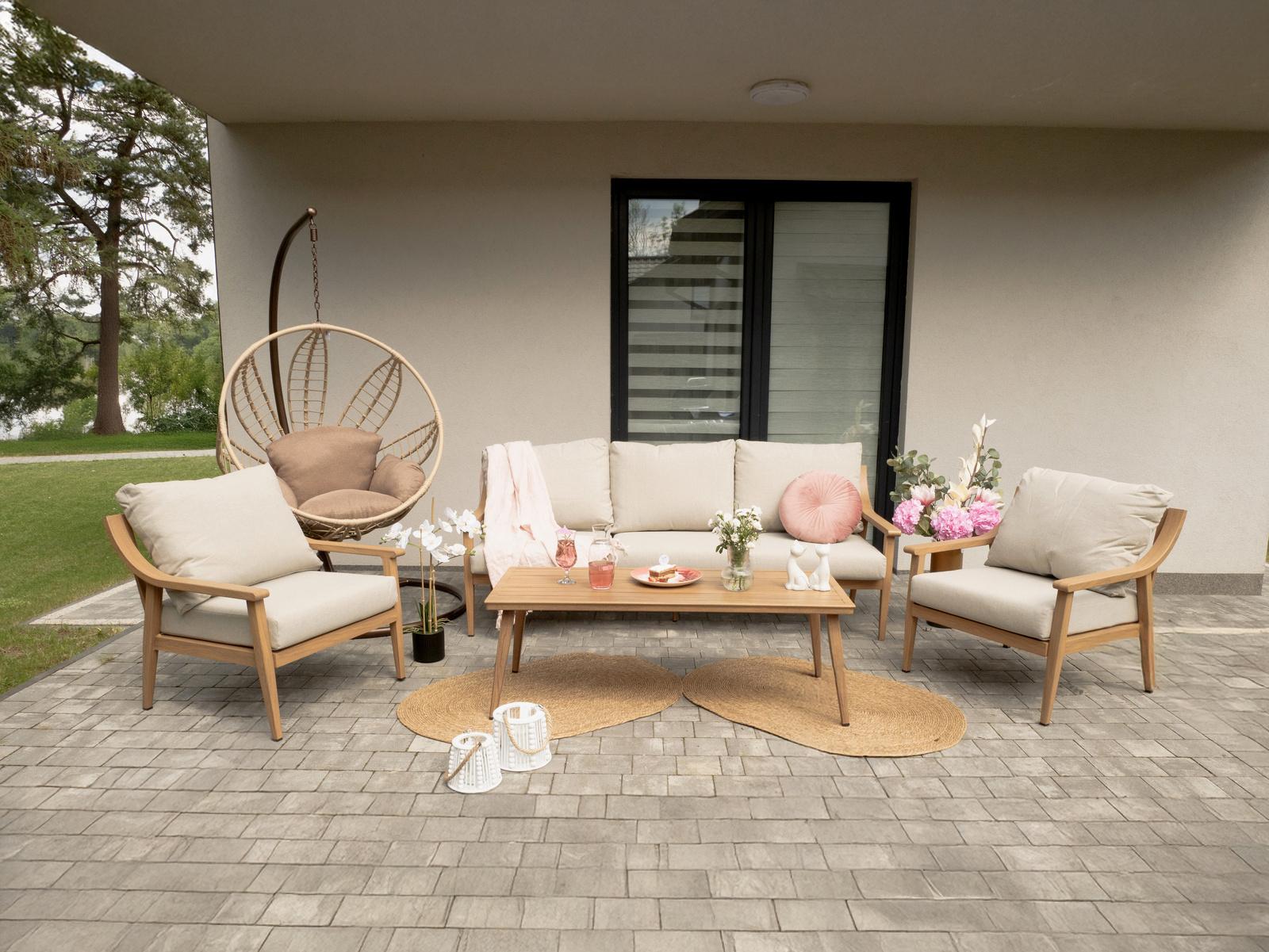 Hliníkový set: Pohovka na terasu + stolík + 2 kreslá - hranaté s béžovými vankúšmi