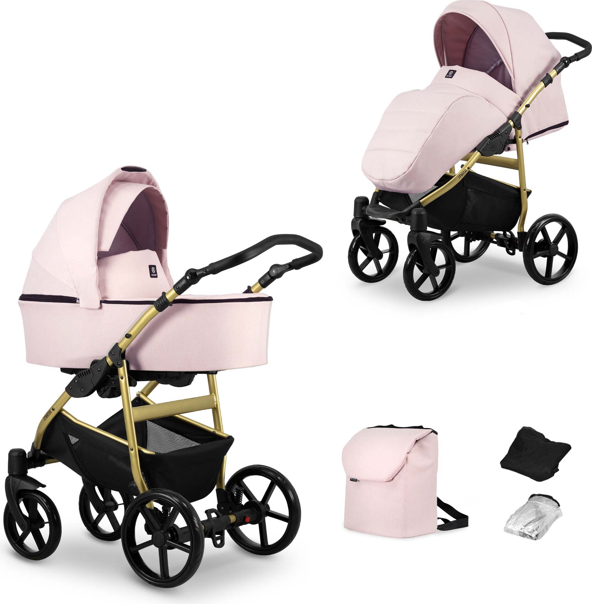Kinderwagen MATA Sportwagen Babywagen Babyschale Komplettset Kinder Wagen Set 2 in 1 (rose, Rahmenfarbe: Gold)