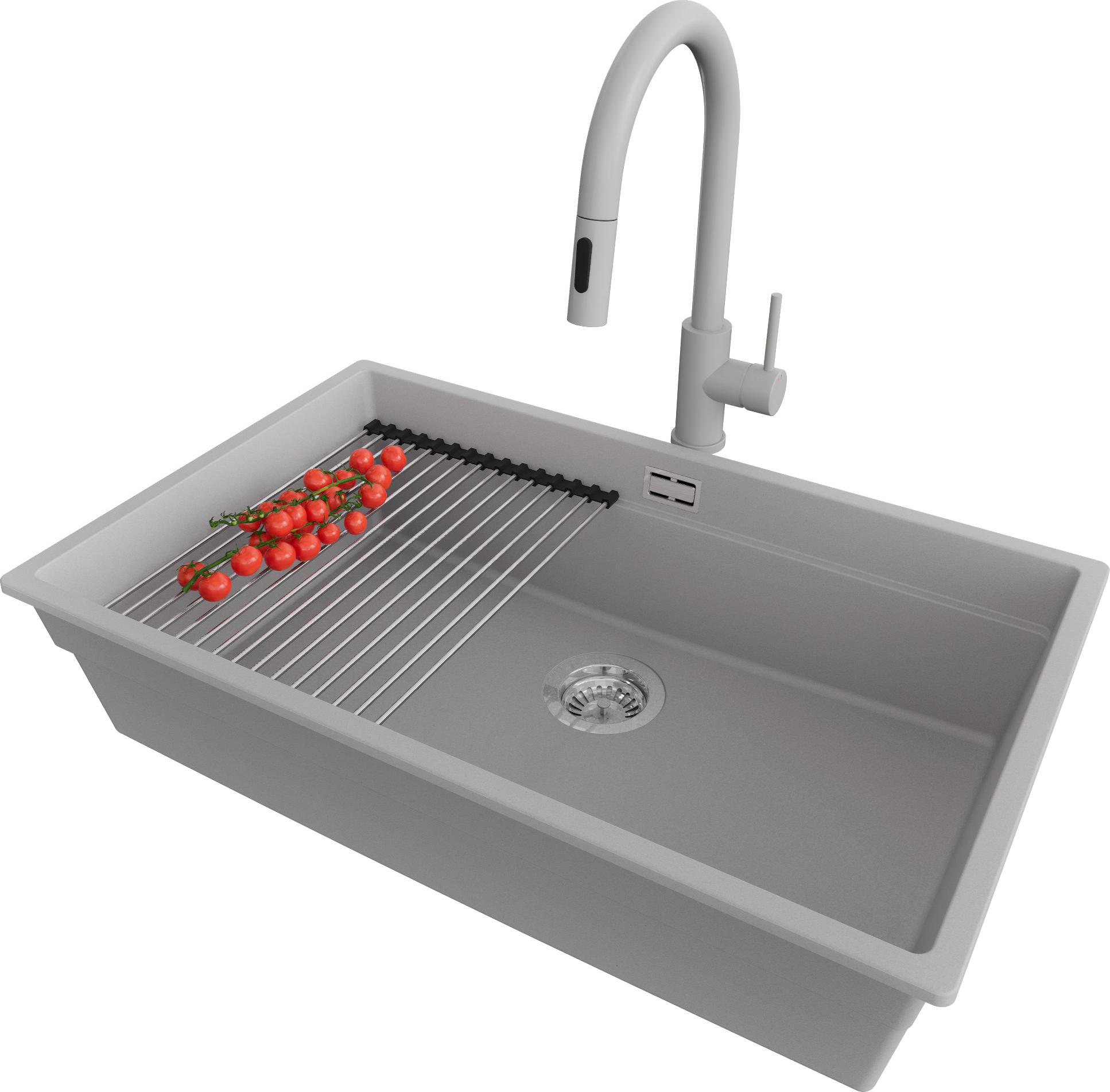 PRIMAGRAN Unterbauspüle Granit Grau 76x47cm, Spülbecken 1 Becken + Ablauf-Set + Küchenzubehörset, Granitspüle ab 80er Unterschrank - Praga
