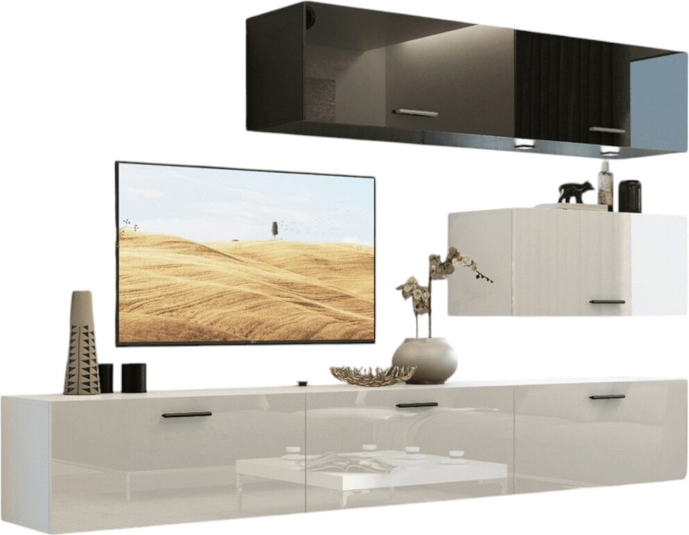 Meublorama Wohnzimmermöbelset in Weiß und Schwarz, hängend, Kollektion CEPTO XXV. 249cm, 6 Möbelstücke, LED, modular.