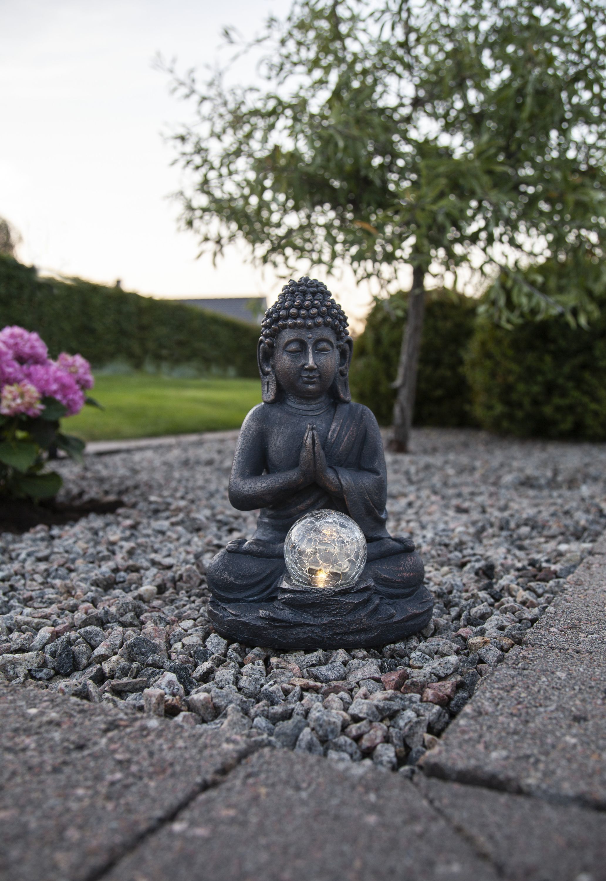 Star Trading LED-Solar-Figur 'Buddha', grauer Buddha, Glaskugel 12648218