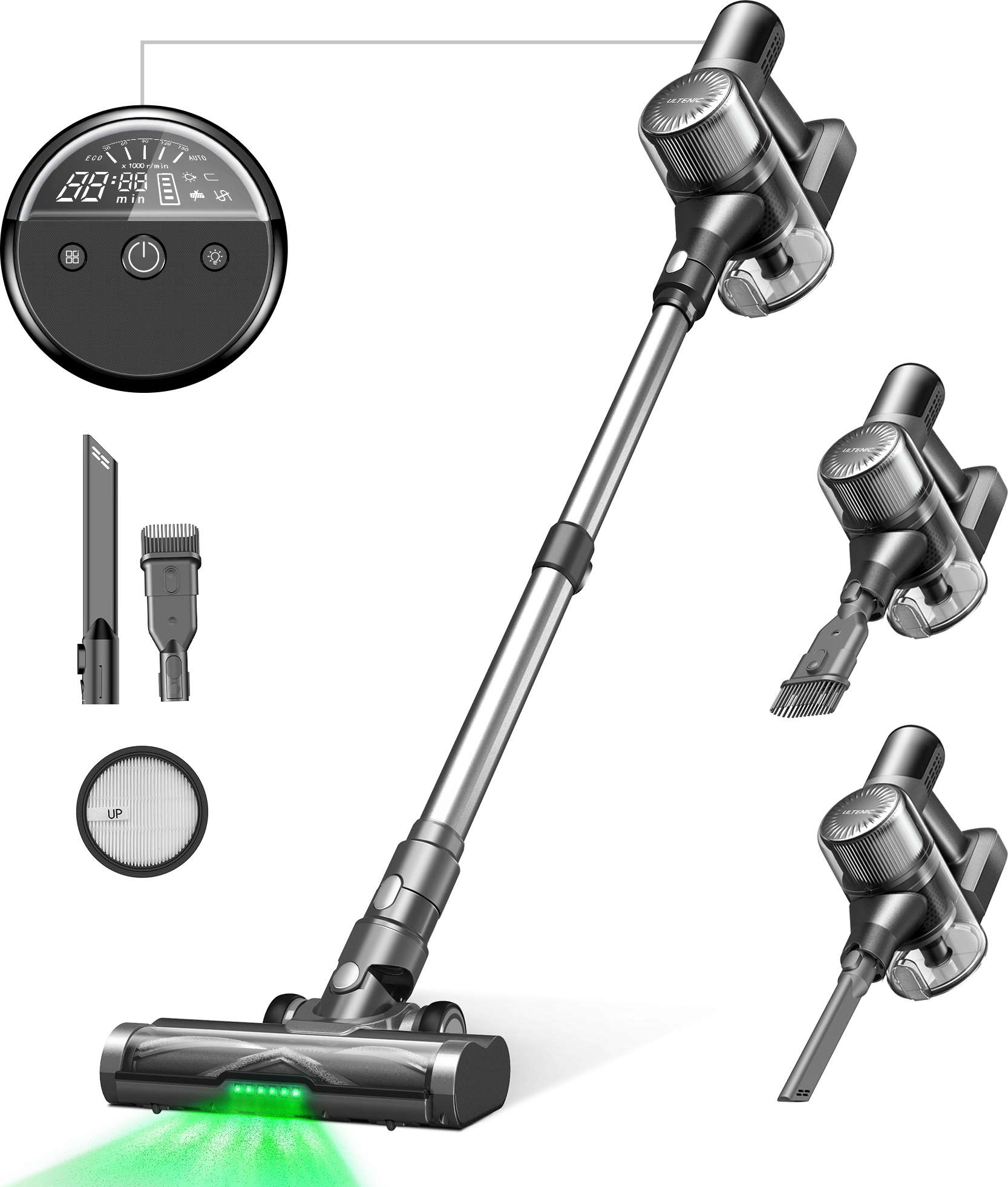 Ultenic U12Vesla akumulátorový vysávač, 30KPa akumulátorový vysávač, vysávač Akumulátorový vysávač Dlhá doba prevádzky 45 min, Green Eye™ a Anti Hair