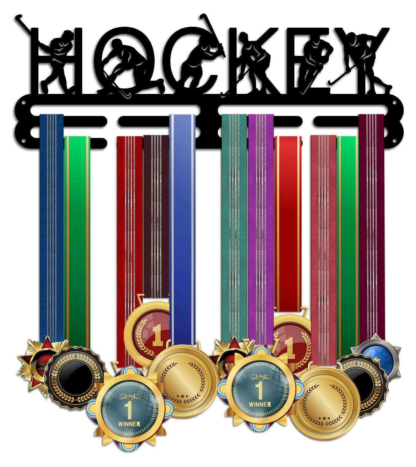 Merkloos Medaillehalter mit Hockey-Motiv – Medaillenhalterung – Medaillenablage – Medaillenständer – Wandablage – 39,9 cm Länge