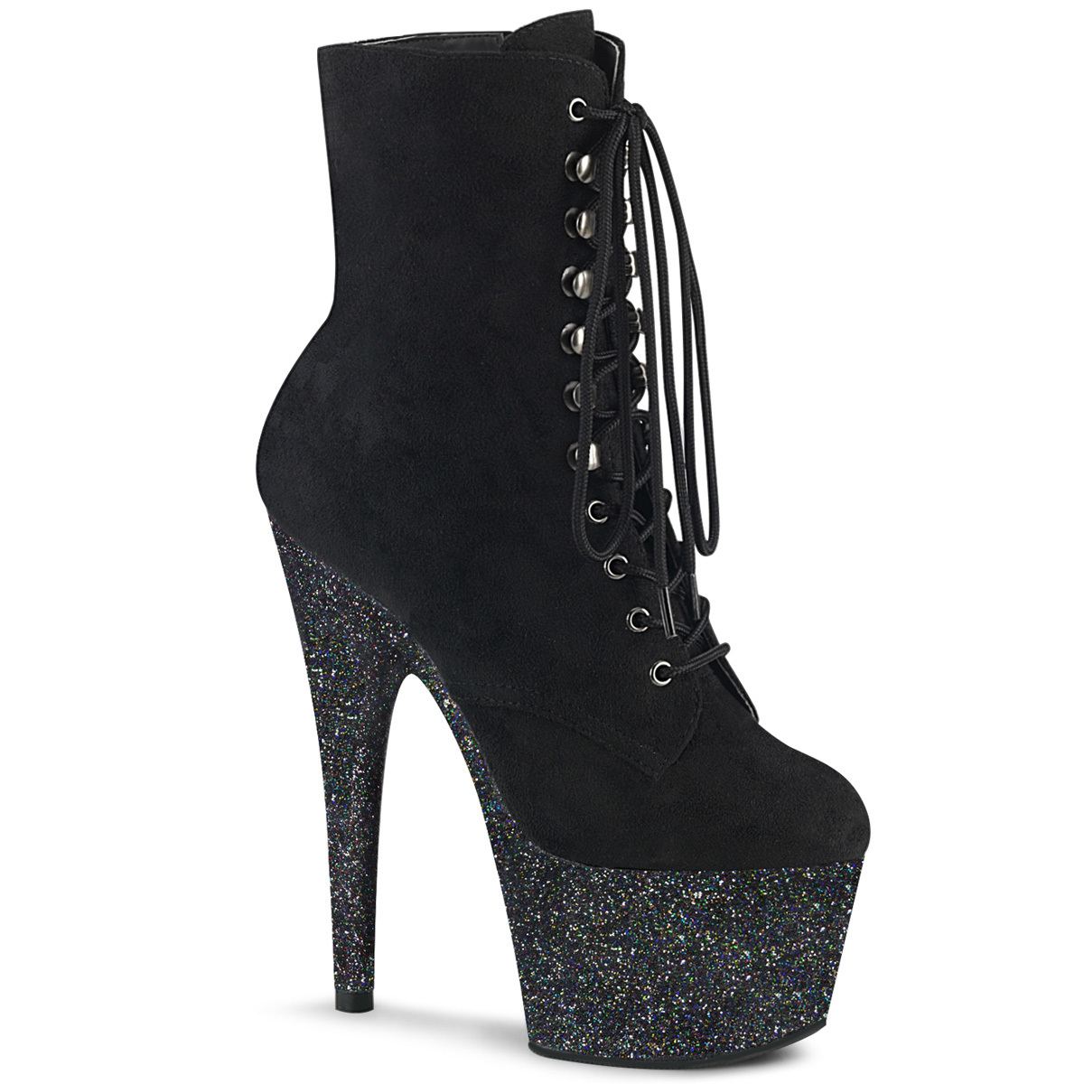 ADORE-1020FSMG Pleaser vegánske dámske členkové topánky na platforme čierne semišové multi mini trblietky