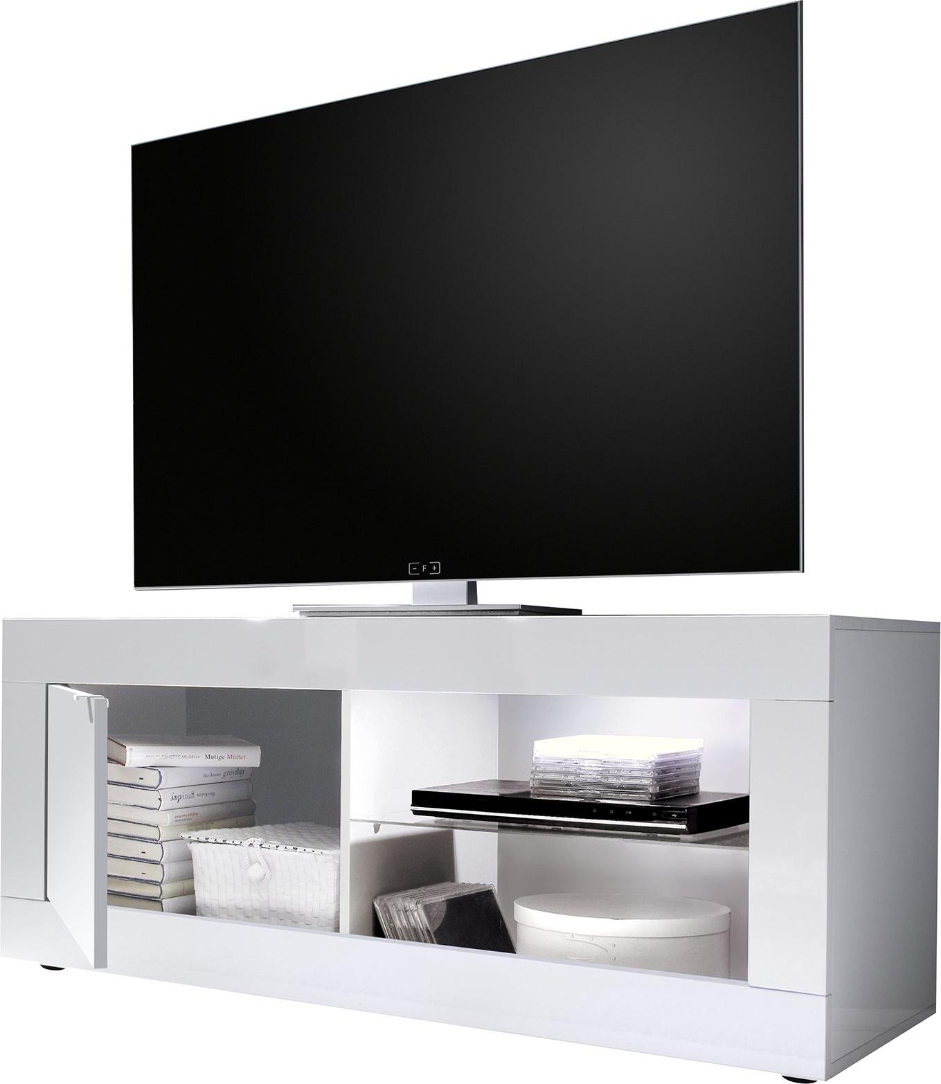 Dmora TV-Schrank Gambara 140x43x56 cm Weiß Hochglanz, 2 Regale, Grifföffnung