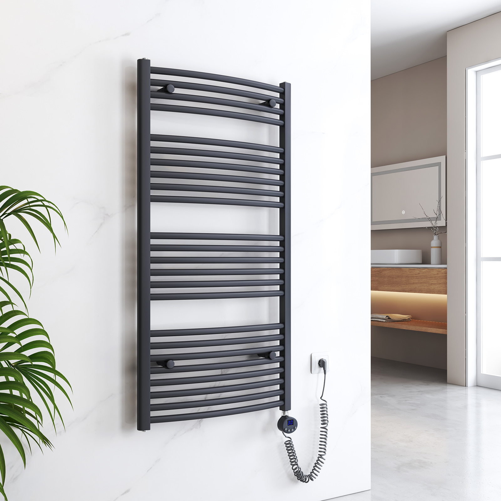 EMKE Elektrický kúpeľňový radiátor s termostatom Zakrivený ohrievač uterákov s vykurovacím telesom antracit 1200 x 600 mm 600 W