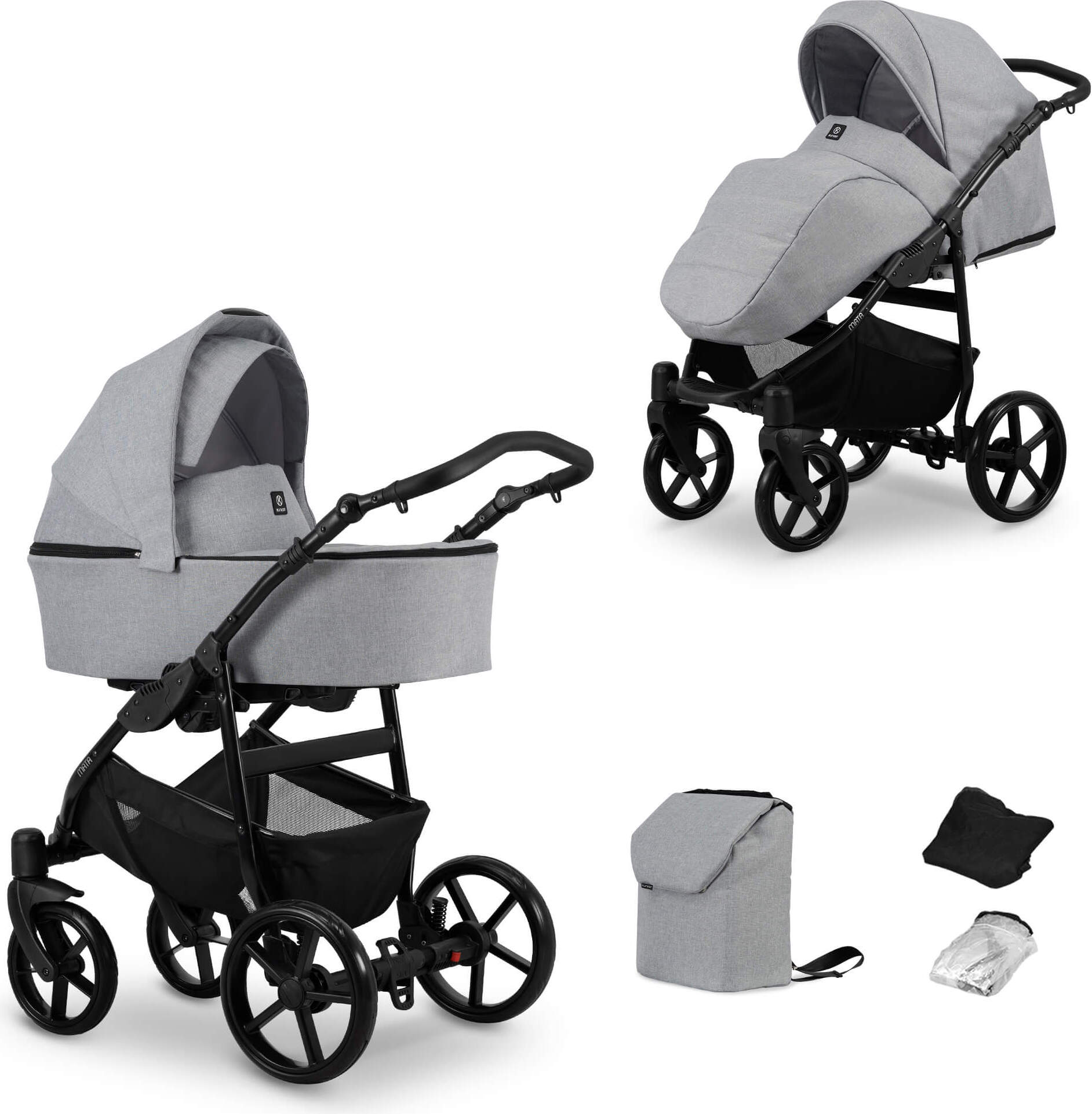 Kinderwagen MATA Sportwagen Babywagen Babyschale Komplettset Kinder Wagen Set 2 in 1 (grau, Rahmenfarbe: Schwarz)