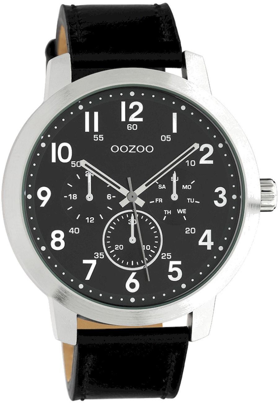 Oozoo pánske hodinky Chrono Look s koženým remienkom 45 MM strieborná farba/čierna C10506