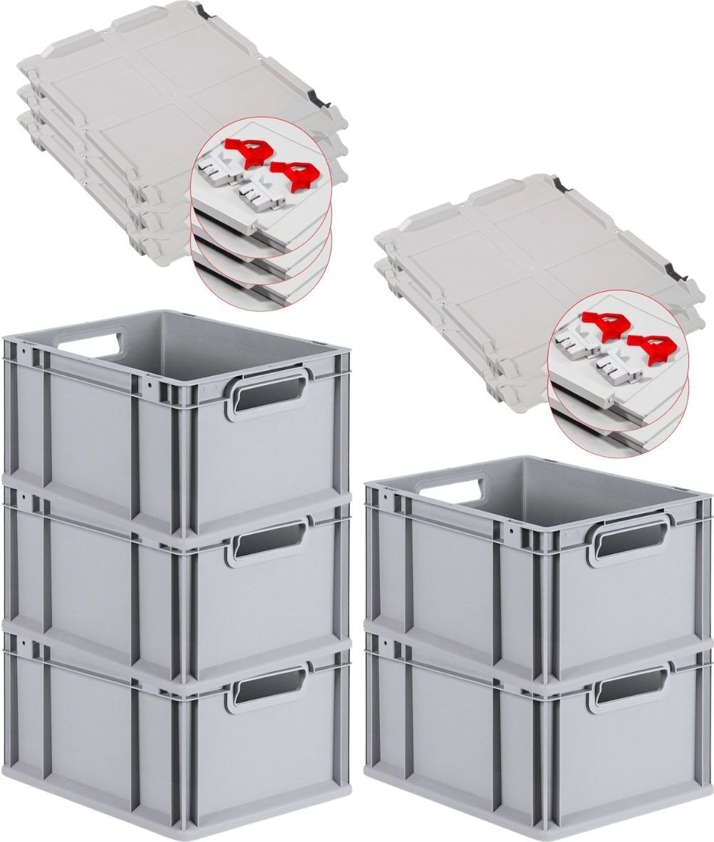 Proregal - Aufbewahrung für Profis SuperSparSet 5x Eurobox NextGen Grip mit Scharnierdeckel und roten Schiebeschnappverschlüssen | HxBxT 22x30x40cm | 20 Liter | Griffe offen | Glatter Boden | Eurobehälter, Transportbox, Transportbehälter, Stapelbehälter