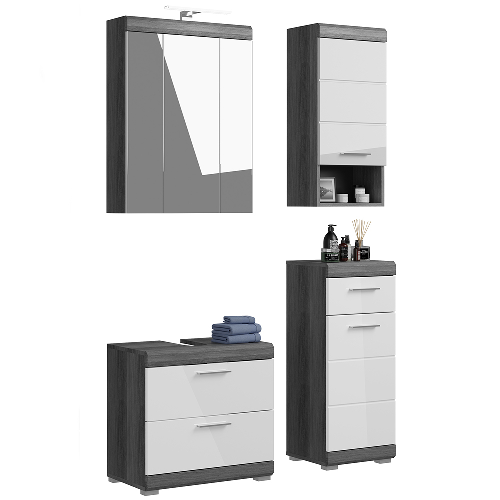 Lomadox Badezimmermöbel Set 4-teilig modern in Hochglanz weiß mit grau SIROCO-158 LA158-SIROCO-158-SET32