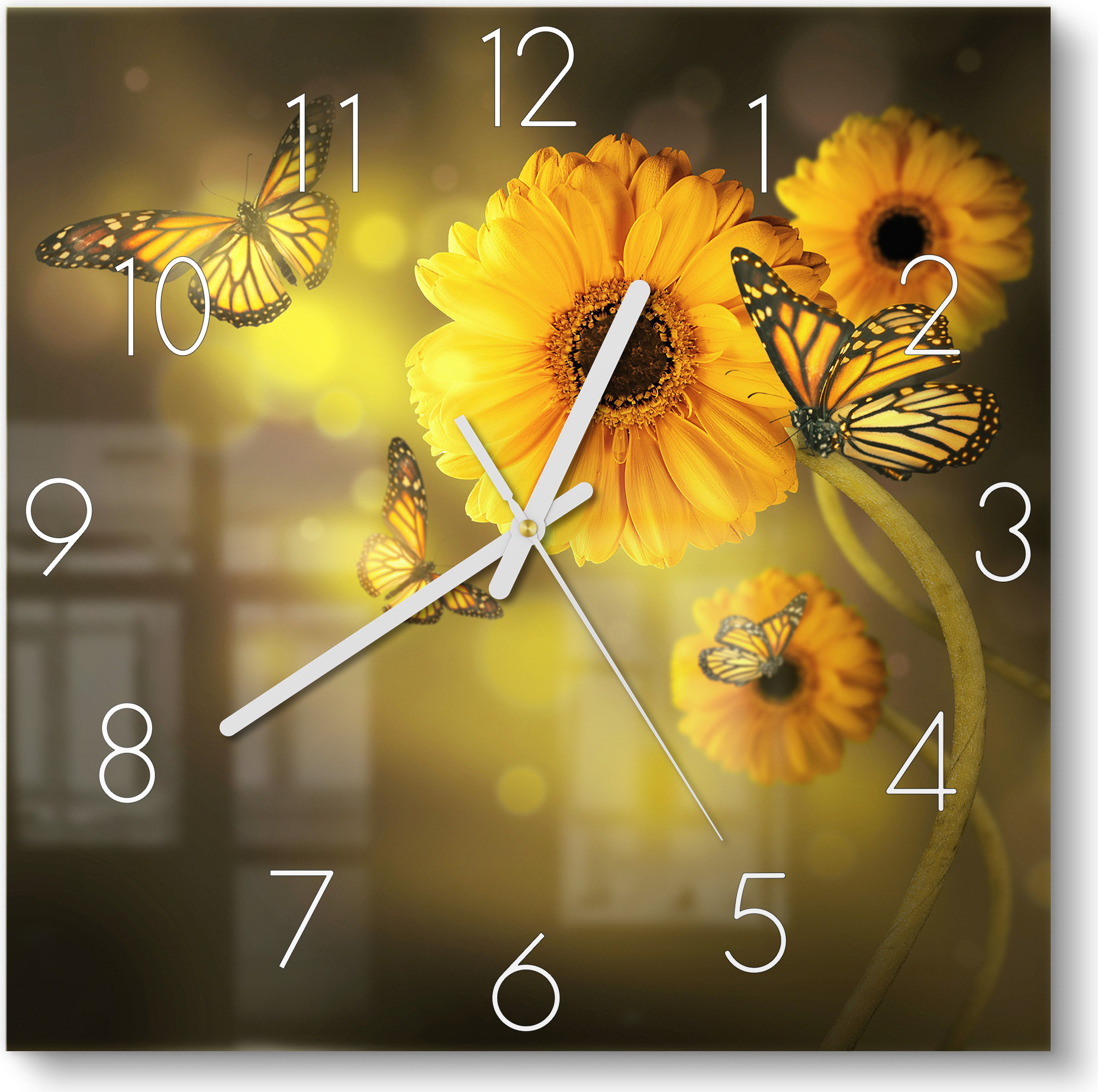 DEQORI Glasuhr 30x30 cm Zahlen 'Frühlingsfreude' Wanduhr Glas Uhr Design leise Küchenuhr WC-30-30-N-3683