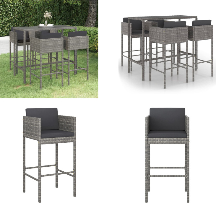 vidaXL 5-dielny záhradný barový set s vankúšmi polyratan sivý - Záhradný barový set - Záhradný barový set - Záhradné jedálenské sety