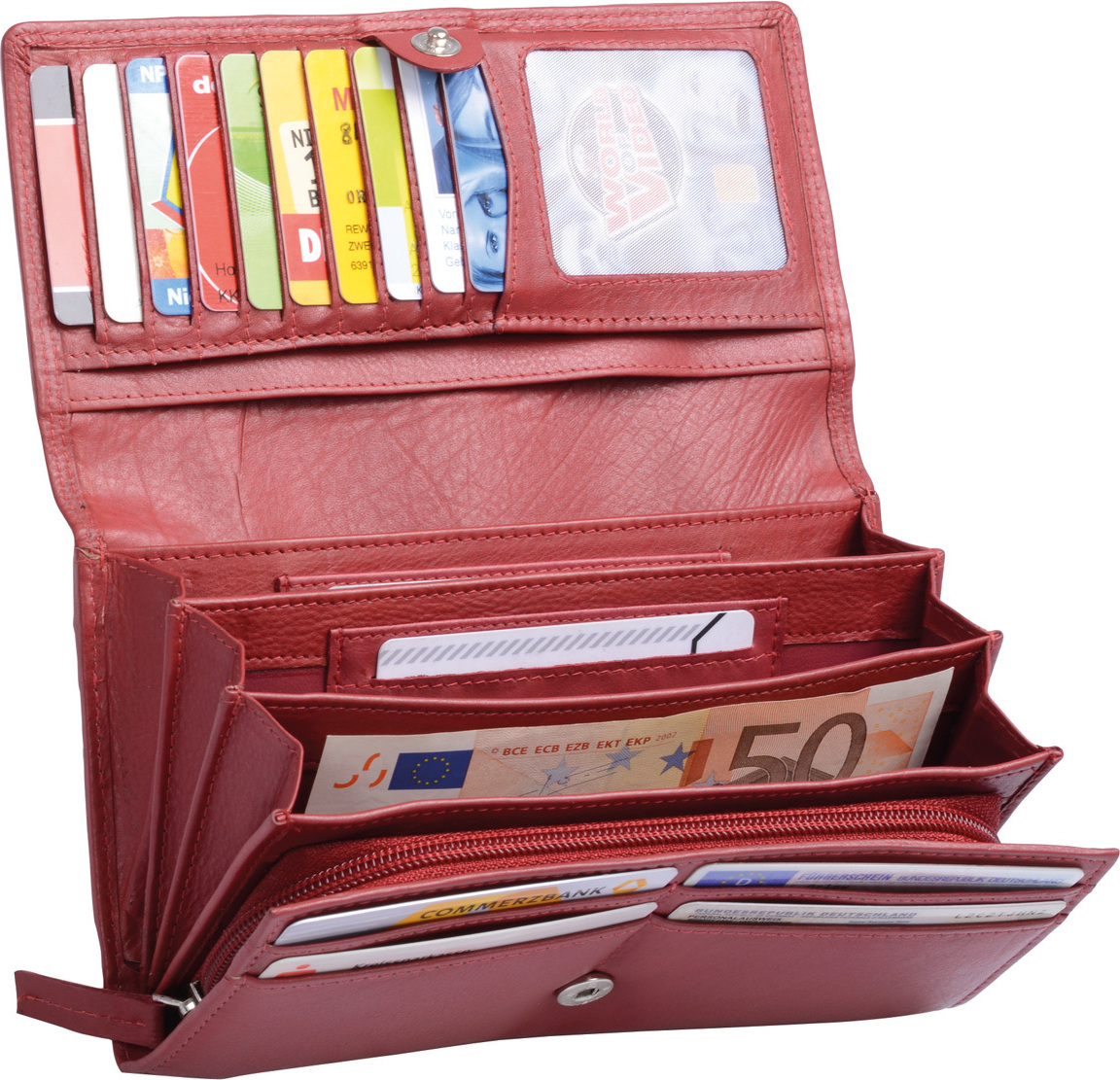 Otario Damen Überschlagbörse lang, mit Reißverschluss, Leder, cherry rot RFID 3181503