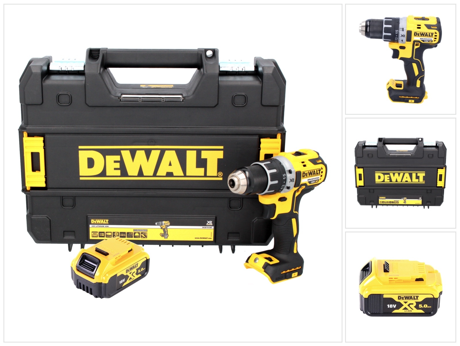 Akumulátorový vŕtací skrutkovač DeWalt DCD 791 NT 18 V 70 Nm bez kefiek + 1x akumulátor 5,0 Ah + TSTAK - bez nabíjačky