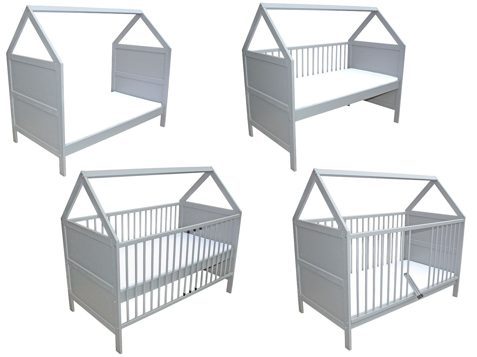 Babybett Kinderbett Juniorbett Beistellbett Bett Haus 140x70 cm umbaubar mit Matratze grau
