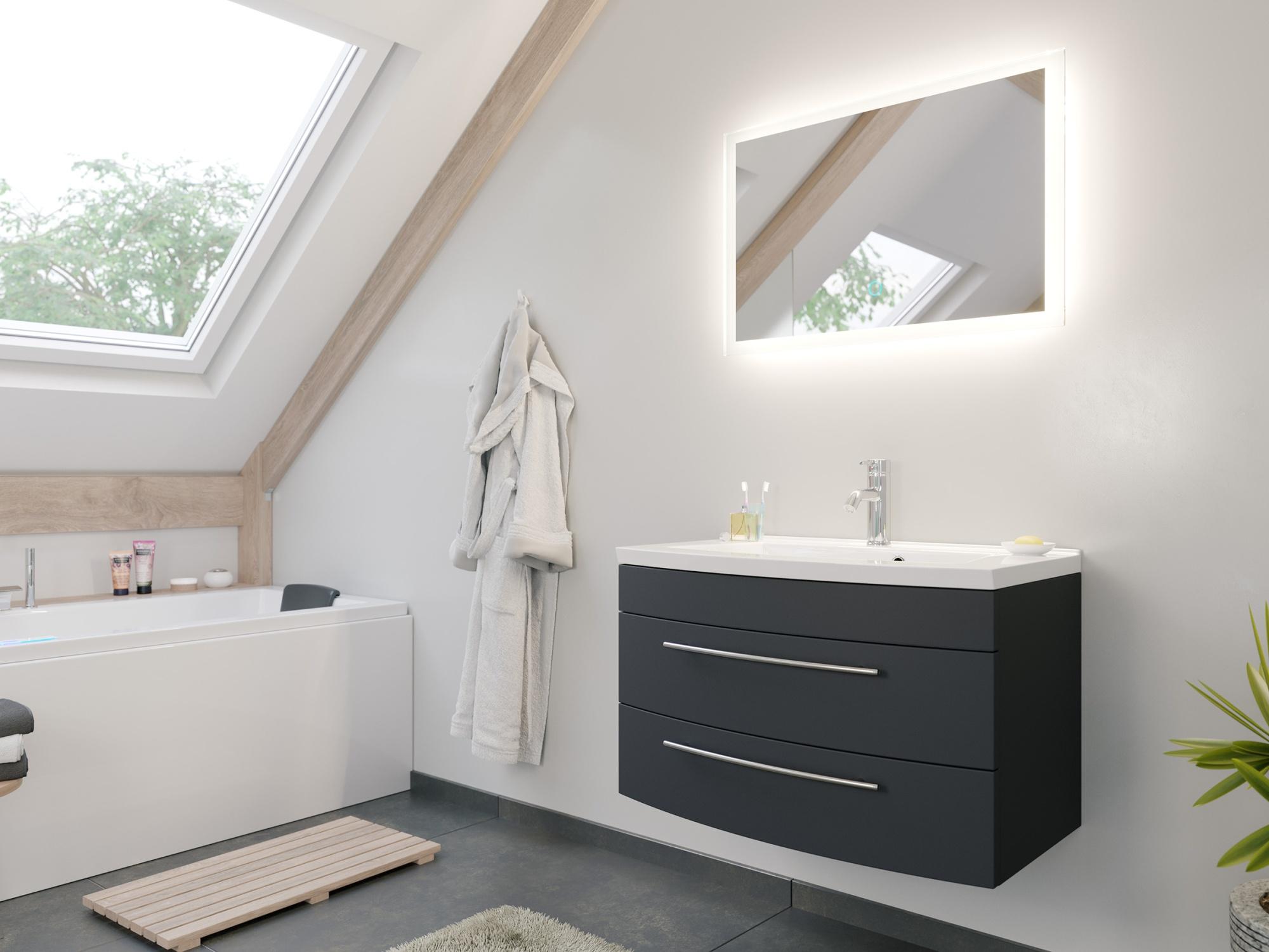 Magnolia Home Badmöbel Bella 80 mit runder Front SoftClose lackiert grafit matt LED Spiegel : Grafit / Grafit matt Varianten: Grafit / Grafit matt BELLALED80000912DE