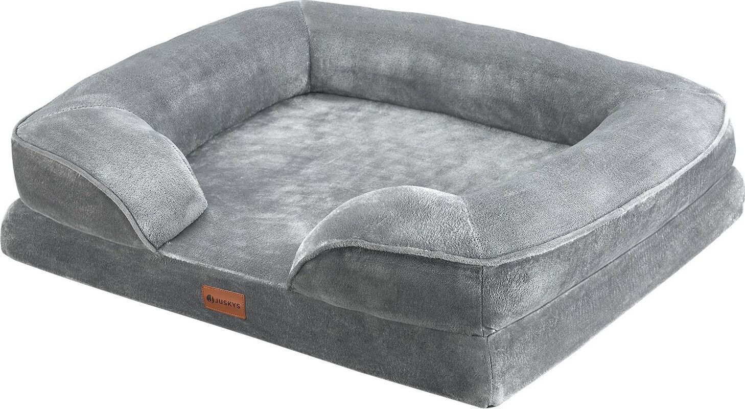 Juskys Hundebett Sheena M orthopädisch, waschbar & rutschfest – 72 x 60 x 17 cm – Hundesofa flauschig Hunde Grau – Haustierbett Hundesofa 26591