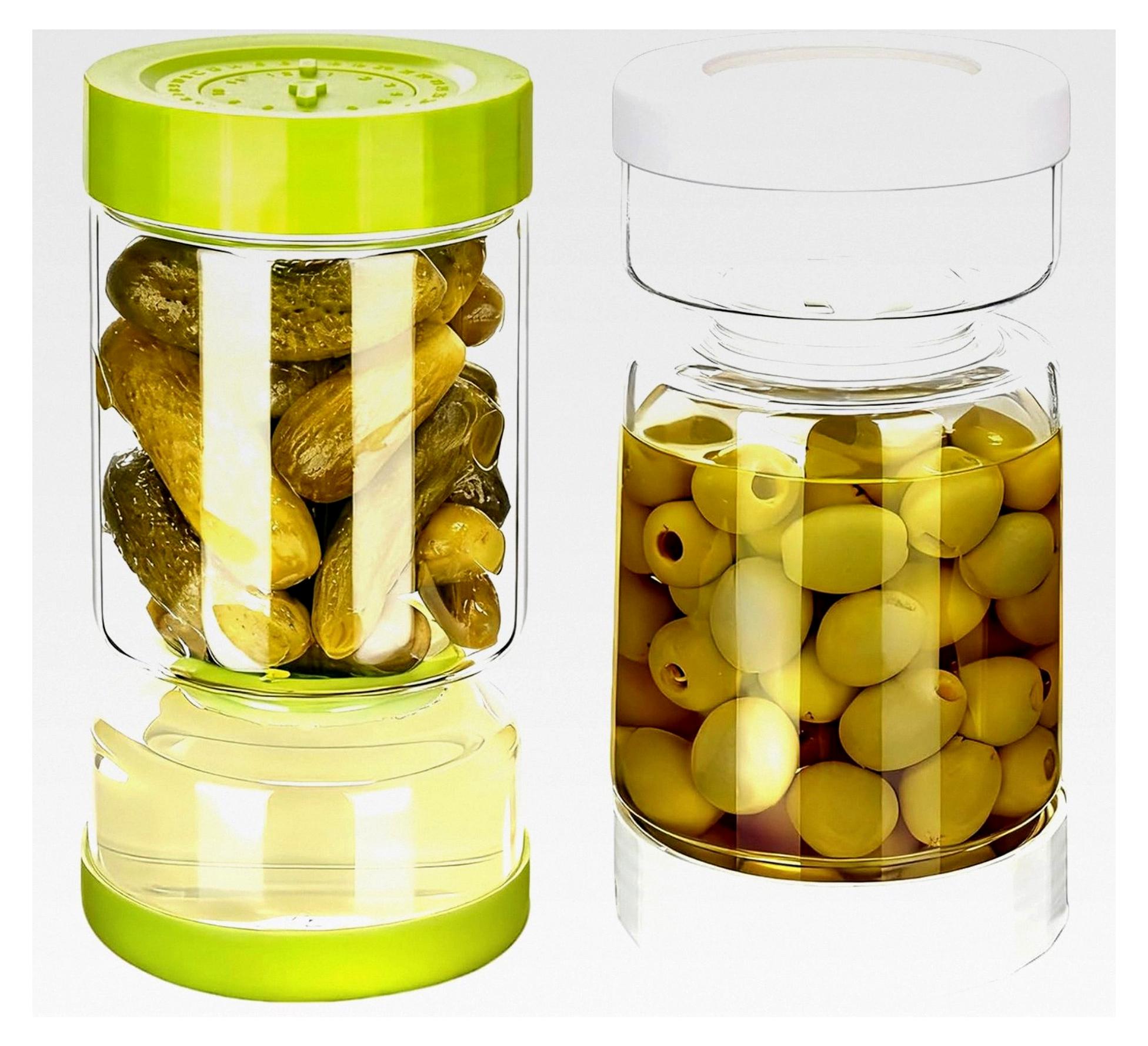 Markenlos 2er Gurkenglas mit Sieb, umdrehbares Einmachglas für Gurken, 1,1L auslaufsicherer Behälter für Essiggurken, luftdichter Saftabscheider für Oliven und Jalapeños
