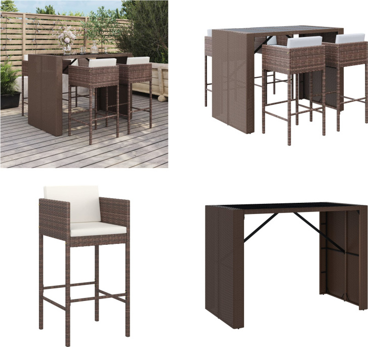 vidaXL 5 tlg. Gartenbar Set mit Kissen Braun Poly Rattan - Gartenbar Set - Gartenbar Sets - Garten Bar Set - Gartenbar
