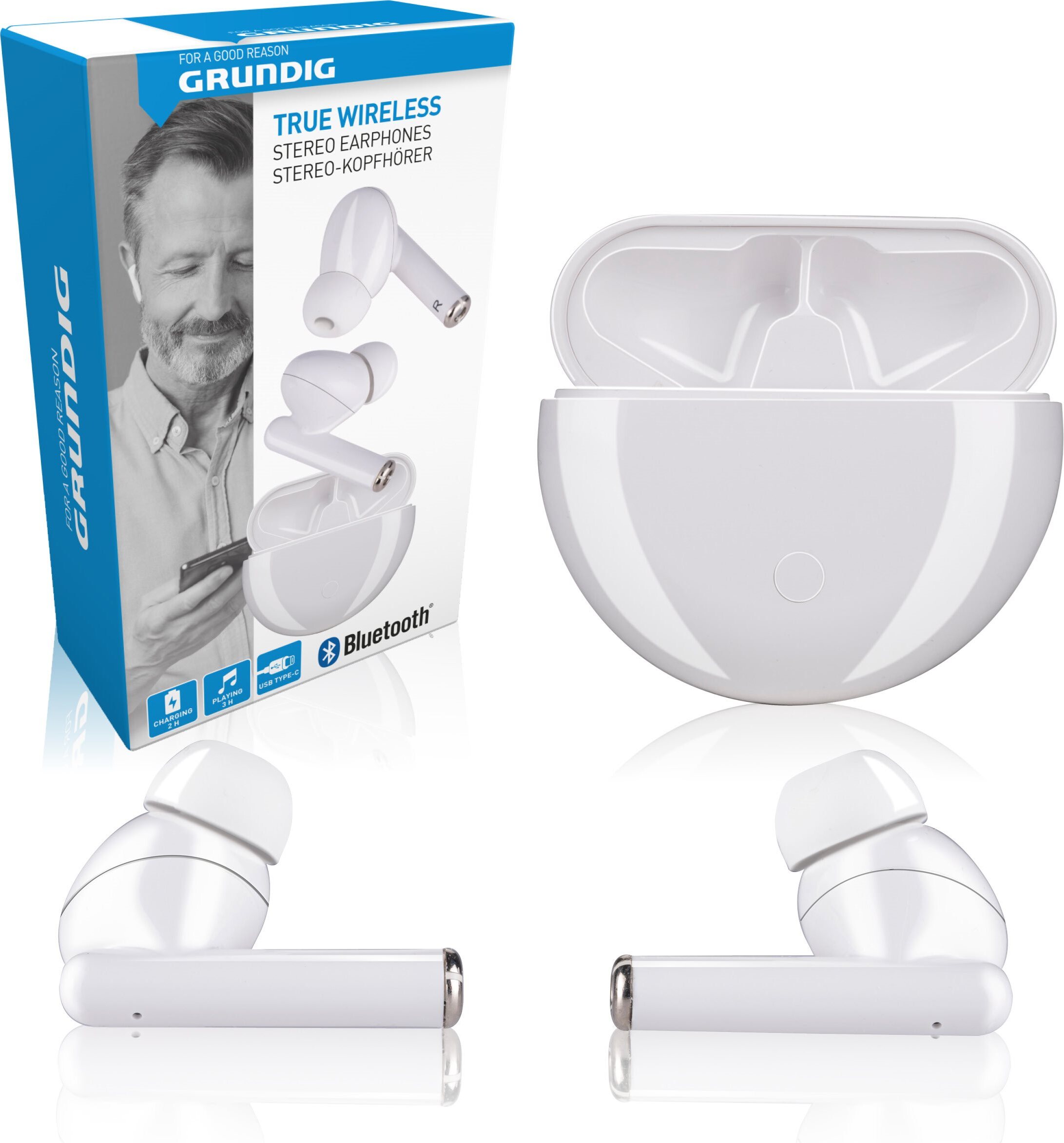 Grundig Bluetooth slúchadlá do uší - prenosný nabíjací box a integrovaný mikrofón - bezdrôtové audio slúchadlá do uší biele