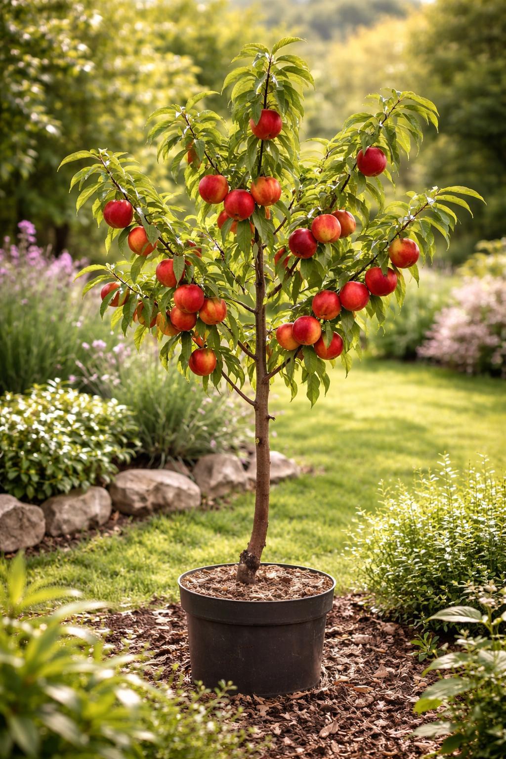 Blumen-Senf Zwergnektarine Prunus persica nucipersica Stämmchen 100–120 cm – Zwergobstbaum, Nektarinenbaum für Garten & Topf