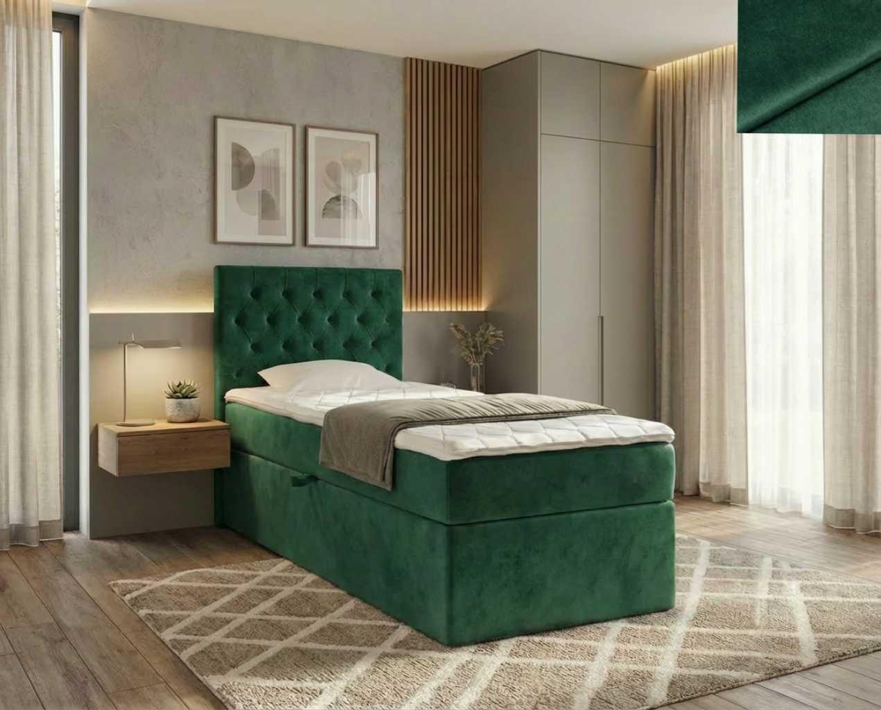 Boxspringbett ELEGANTE NORDELO New Velo 119 GRÜN 90 x 200 mit Stauraum, Bonellmatratze und 4 cm Topper BOXS-SWIL-VELO-119-90