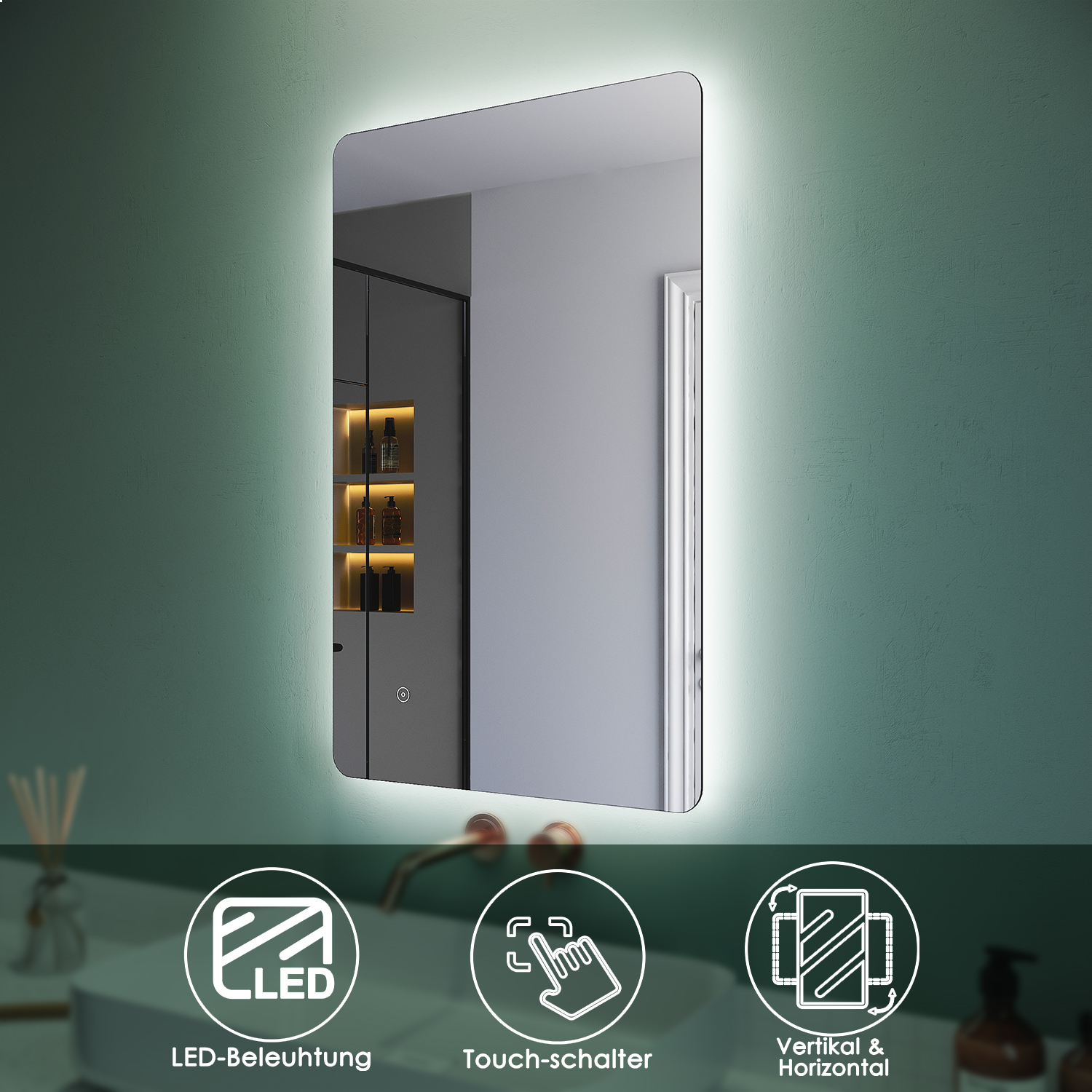 SONNI Badspiegel mit LED-Beleuchtung & Touch-Schalter energiesparend IP44 Wand-Spiegel 80 x 50cm