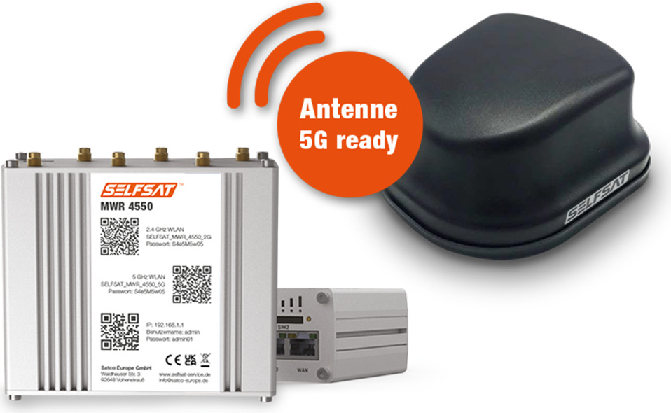 SELFSAT MWR 4550 ( 4G / LTE a WLAN internetový router s rýchlosťou až 300 Mb/s vrátane strešnej antény 4G / 5G ready )