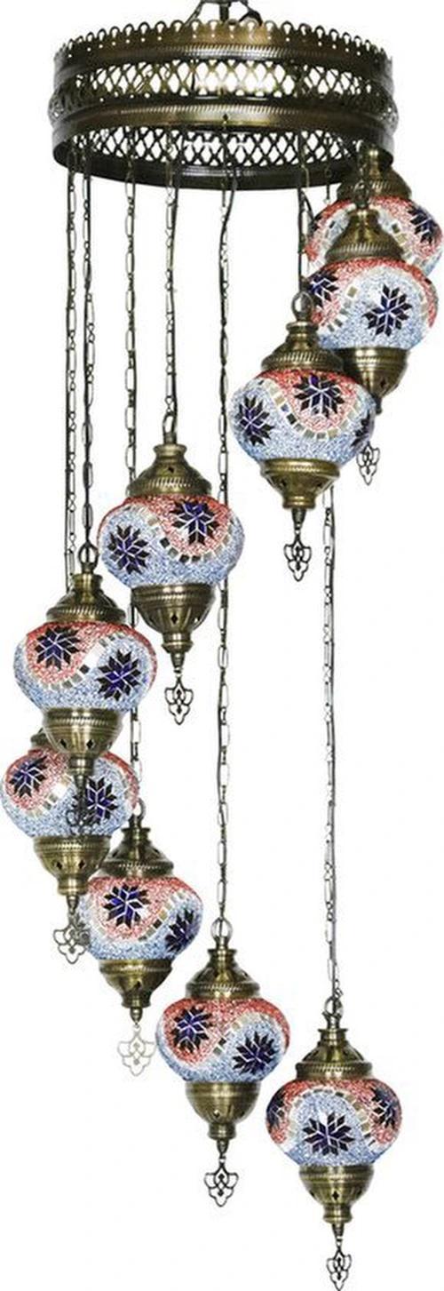 Halay Oosterse Mosaik-Hängelampe Rot/Blau, Höhe 115 cm, Breite 30 cm, 9 Kugeln à 13,5 cm, E14 Fassung