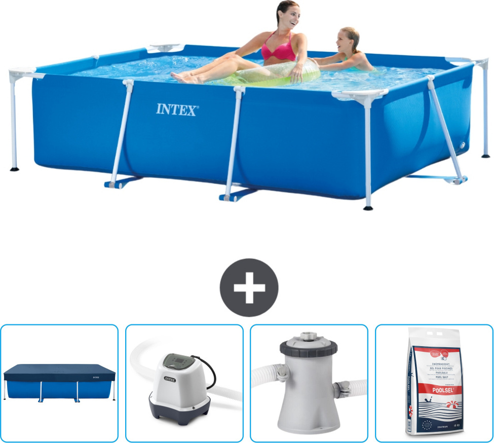 Bazén Intex s obdĺžnikovým rámom - 220 x 150 x 60 cm - modrý - vrátane krytu - systém so slanou vodou - filtračné čerpadlo pre bazén - bazénová soľ