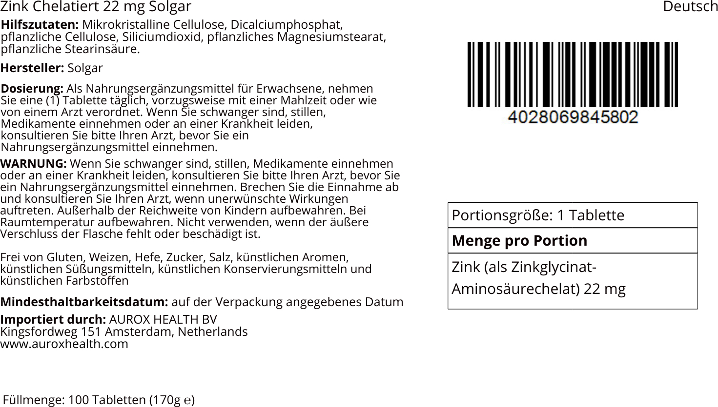 Sonstige Zink Chelatiert 22 mg 100 Tabletten Solgar