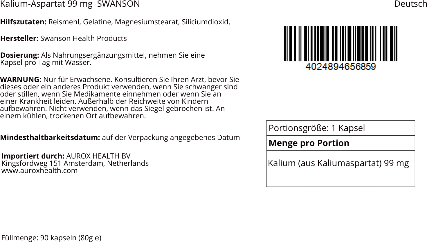 Sonstige Kalium-Aspartat 99 mg 90 Kapseln Swanson Health Products