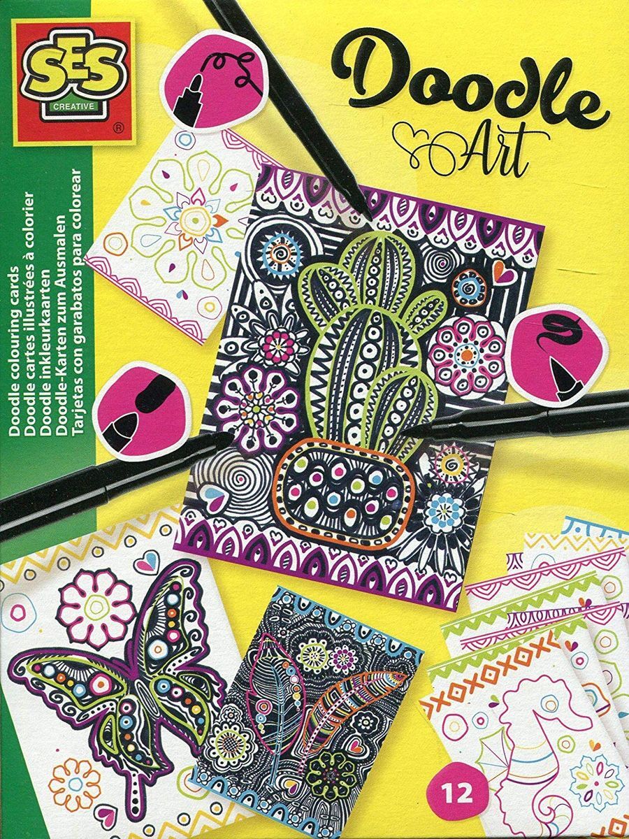 SES Creative Ses Doodle Art Color Cards 12 Stcke + 3 schwarze Markierungen 14013