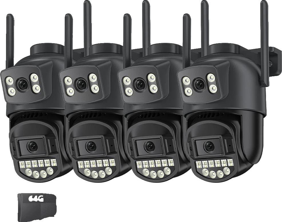 Monitorovacia kamera, duálny objektív, nočné videnie, 4 ks CAM 64G karta, zástrčka EÚ