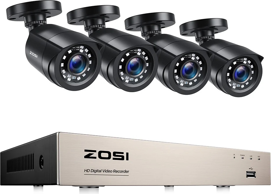 Bezpečnostný kamerový systém ZOSI, rozlíšenie 1080P, nočné videnie do 80 stôp, 8CH DVR x 4 kamery, žiadne