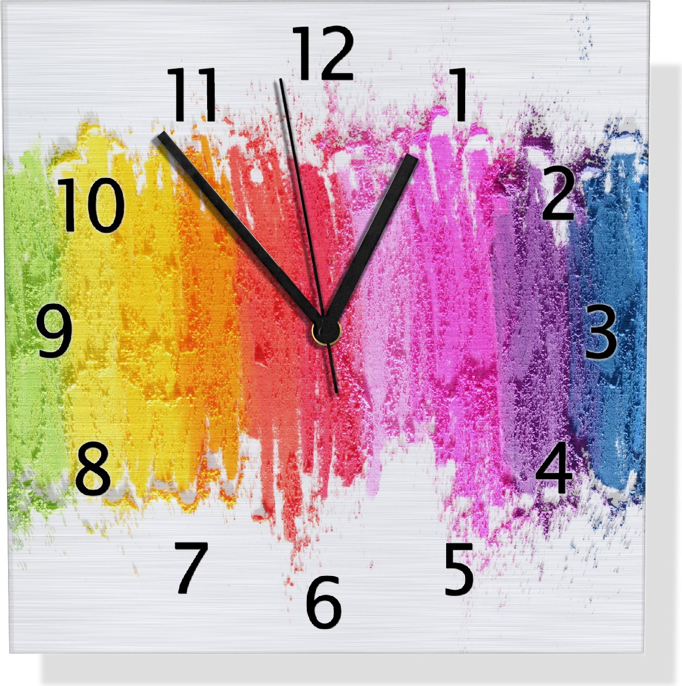 Wallario Design Wanduhr Regenbogenstreifen auf weißem Hintergrund - Bunter Anstrich aus Aluverbund, Größe 30 x 30 cm uds0107-3030